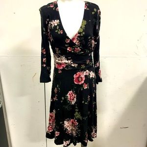 Bobeau Floral Long Sleeve V-Neck Dress